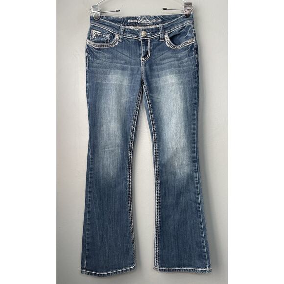 Y2K Vanity Sabrina Jeans Size 28 Low Rise Blue Denim Bootcut Embroidered Sequins - Picture 3 of 12